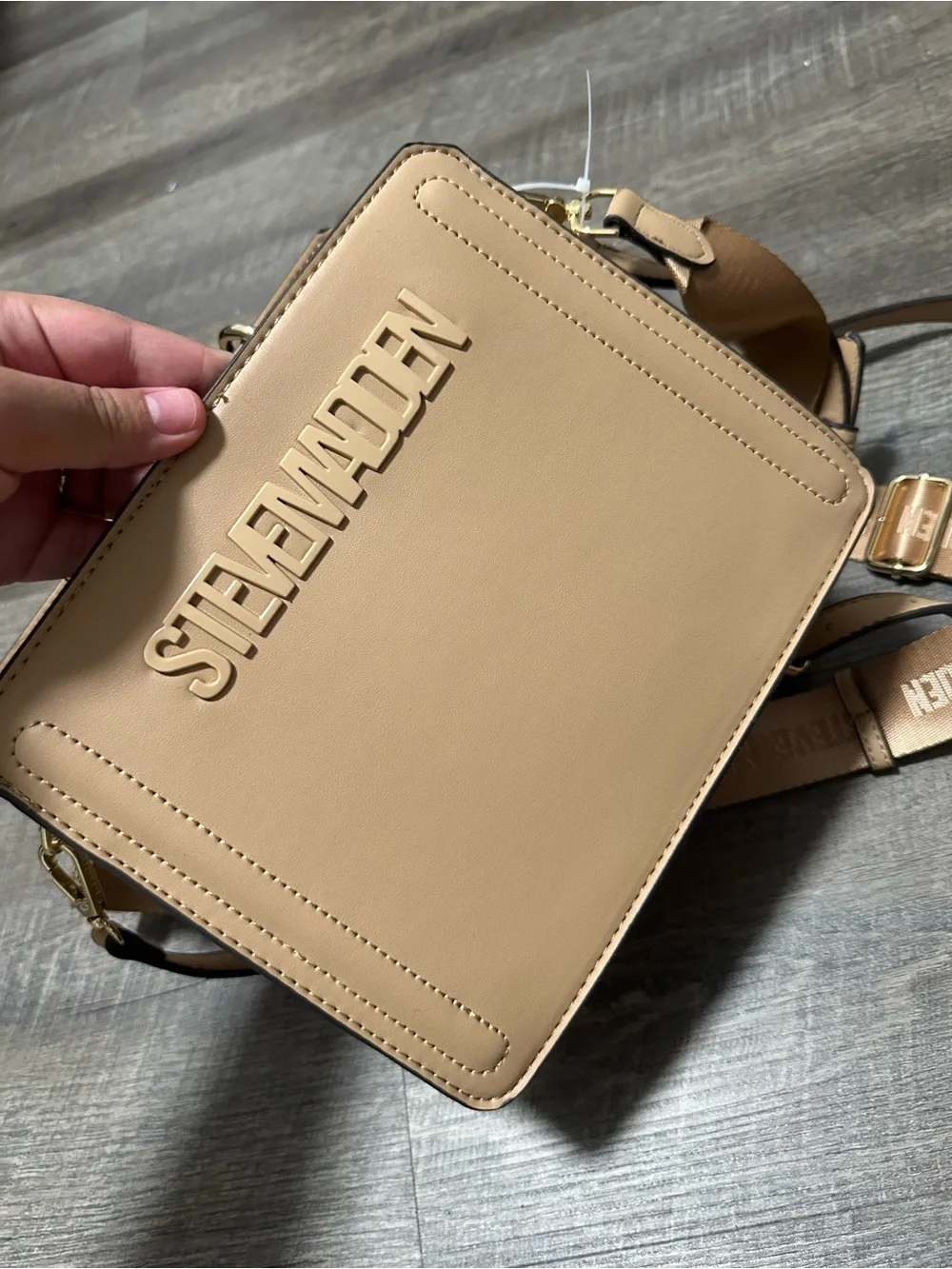 Steve Madden Beige/Tan Logo Box Crossbody Bag